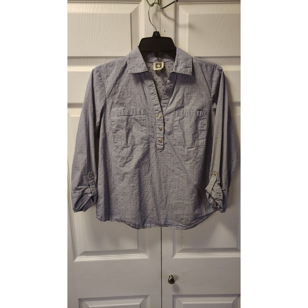 Anne‎ Klein Small Blue Red Polka Dot Long Sleeve Half Button-Up Top